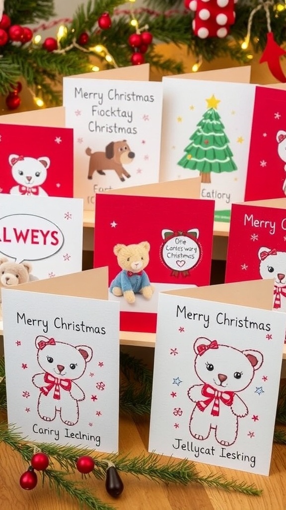 Handmade Christmas cards with Jellycat characters, decorated with markers and stickers, on a festive table.